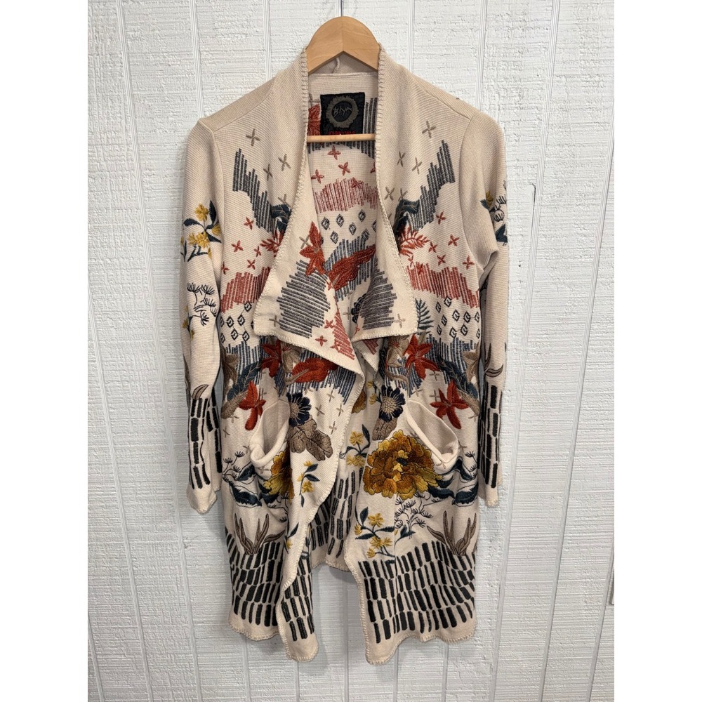 Johnny Was Sarina Wrap Sweater Women Cream Embroidered Open Front Duster Small S